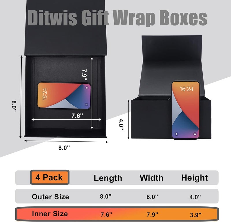 Ditwis 4 Pack 8x8x4 Inches Gift Boxes with Magnetic Closure Lids, Black Magnetic Box for Wedding, Groomsmen Bridesmaid Proposal, Birthdays, Mother's Day - Image 2